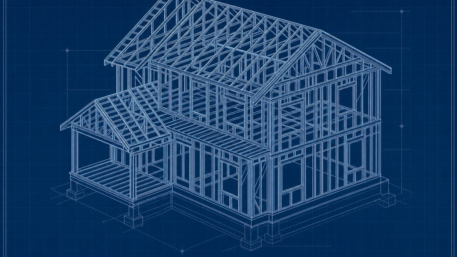 Isometric blueprint wireframe of a residential house showing wall framing, roof trusses, floor joists, and foundation